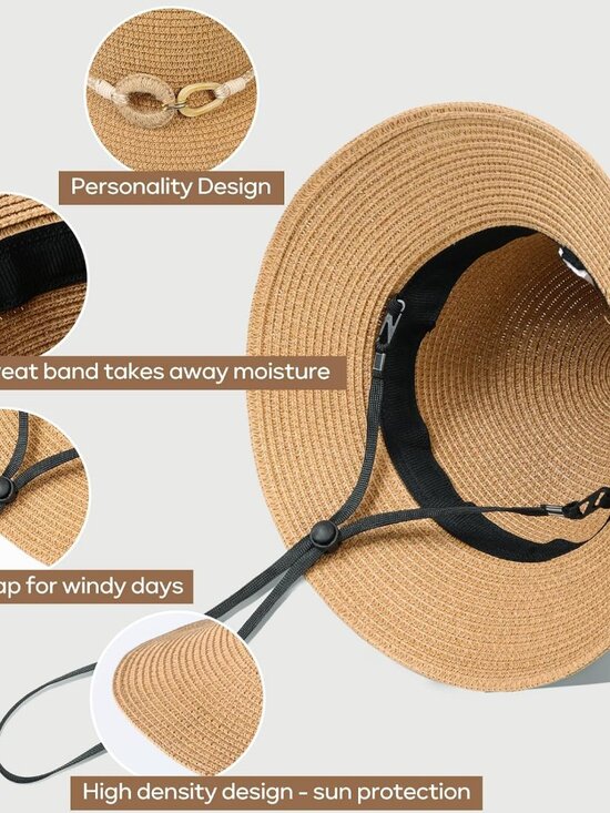 Women\'s Beach Sun Straw HatsUPF 50+ UV Sun Protection Wide Brim Buckle Khaki